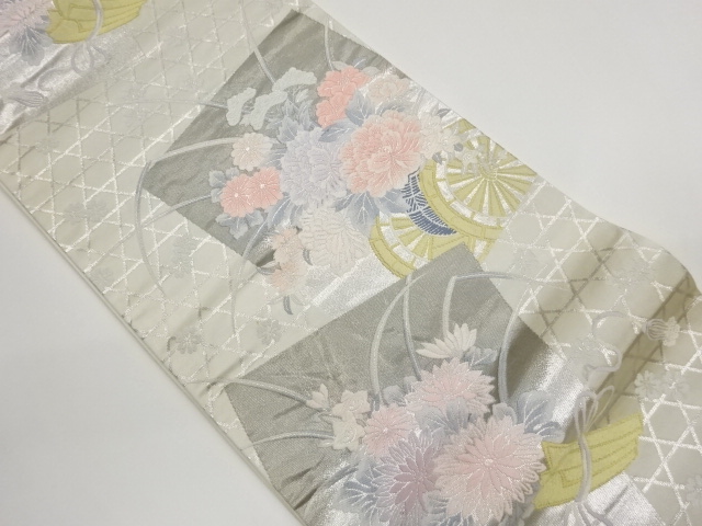 JAPANESE KIMONO / FUKURO OBI / PLATINUM FOIL / WOVEN FLOWER CART 